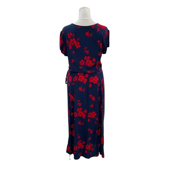 Womens Wrap Dress Red Floral Navy Midi V Neck Cottagecore Soft Girl Preppy M - Picture 8 of 8